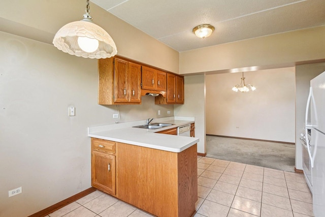 6514 Pine Trail Ln Unit 2, Tinley Park, IL 60477 - kitchen with a chandelier, light countertops, brown cabinets, white appliances, and light tile patterned floors