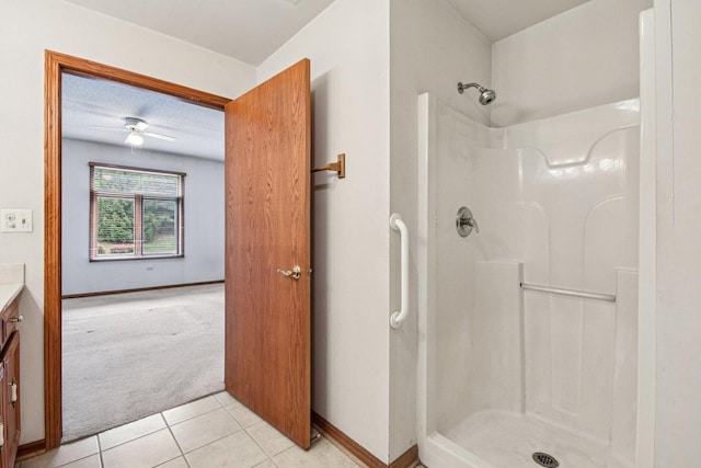 6514 Pine Trail Ln Unit 2, Tinley Park, IL 60477 - full bath featuring a shower, vanity, tile patterned floors, and a ceiling fan