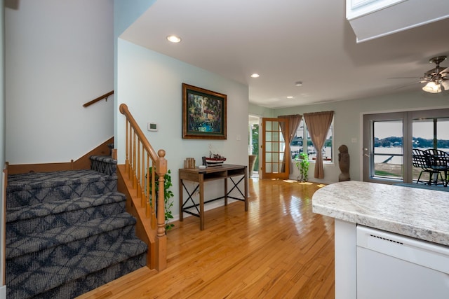 22869 W Lake Shore Dr, Antioch, IL 60002 - kitchen featuring white dishwasher, light wood-style floors, a ceiling fan, recessed lighting, and light countertops