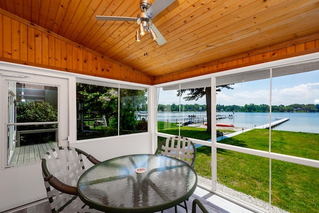 22869 W Lake Shore Dr, Antioch, IL 60002 - sunroom featuring lofted ceiling, a water view, ceiling fan, and outdoor dining area