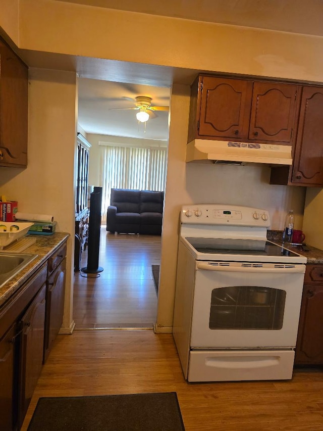 264 Bay St, Wood Dale, IL 60191 - kitchen featuring white electric stove, under cabinet range hood, light wood-style floors, and ceiling fan