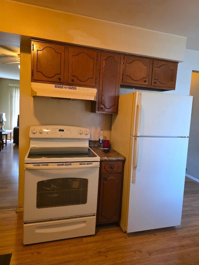 264 Bay St, Wood Dale, IL 60191 - kitchen featuring white appliances, under cabinet range hood, and wood finished floors