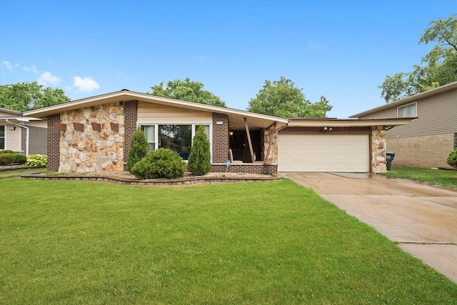 1033 W Indiana St, Glenwood, IL 60425 - view of front of home featuring stone siding, driveway, a front lawn, and an attached garage