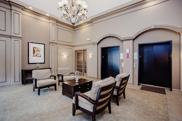 8300 Callie Ave Unit 314, Morton Grove, IL 60053 - living area featuring a chandelier, elevator, a high ceiling, and recessed lighting