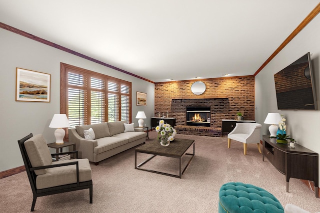 21978 Princeton Cir, Frankfort, IL 60423 - living area with crown molding, carpet flooring, and a brick fireplace