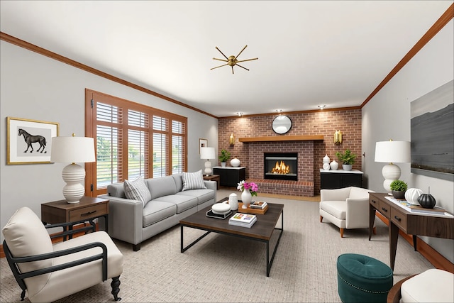 21978 Princeton Cir, Frankfort, IL 60423 - living area featuring crown molding, a brick fireplace, and brick wall