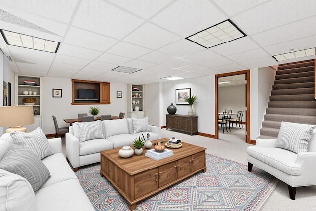 21978 Princeton Cir, Frankfort, IL 60423 - carpeted living area with built in features, stairway, and a paneled ceiling