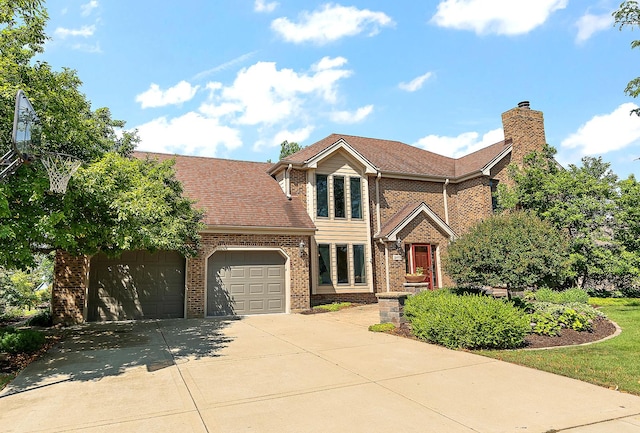 21978 Princeton Cir, Frankfort, IL 60423 - view of front of property featuring brick siding, an attached garage, driveway, a shingled roof, and a chimney