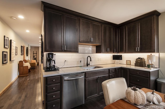 6928 Pershing Rd, Berwyn, IL 60402 - kitchen featuring dishwasher, dark brown cabinets, dark wood-style flooring, backsplash, and recessed lighting