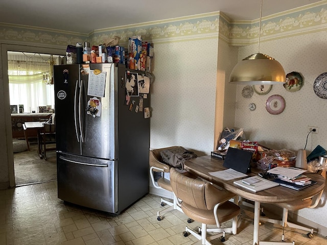 3900 Clausen Ave, Western Springs, IL 60558 - kitchen featuring freestanding refrigerator and wallpapered walls