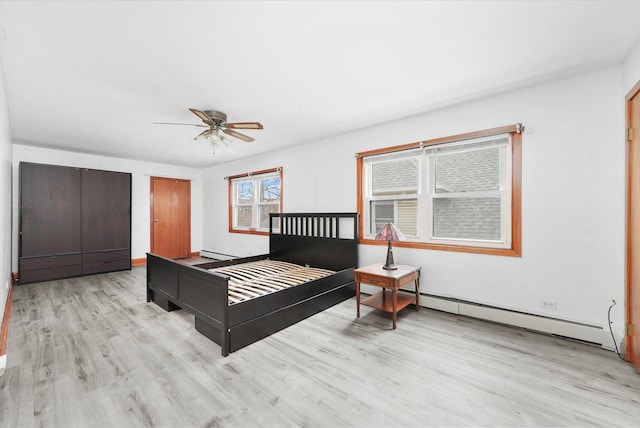 5019 N Kostner Ave, Chicago, IL 60630 - bedroom with baseboard heating, light wood-style floors, and a ceiling fan