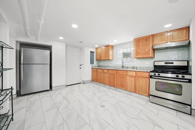 5019 N Kostner Ave, Chicago, IL 60630 - kitchen featuring appliances with stainless steel finishes, under cabinet range hood, recessed lighting, light stone counters, and decorative backsplash