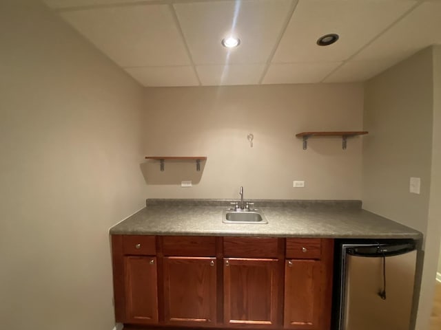 831 Oriole Dr, Peotone, IL 60468 - kitchen with open shelves, fridge, a drop ceiling, and recessed lighting