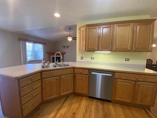831 Oriole Dr, Peotone, IL 60468 - kitchen featuring stainless steel dishwasher, a peninsula, ceiling fan, light countertops, and recessed lighting