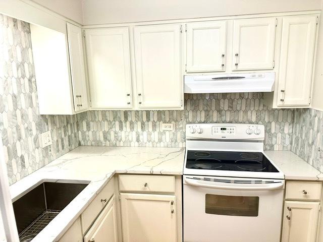 2317 N Neva Ave Unit 106A, Chicago, IL 60707 - kitchen featuring electric range, under cabinet range hood, white cabinetry, and light stone counters