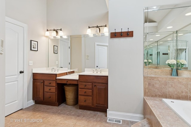 12840 Shenandoah Trl, Plainfield, IL 60585 - full bathroom featuring vanity, a bath, tile patterned floors, recessed lighting, and a shower
