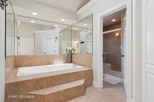 12840 Shenandoah Trl, Plainfield, IL 60585 - full bathroom with a garden tub, a shower stall, tile patterned floors, and recessed lighting