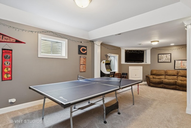 12840 Shenandoah Trl, Plainfield, IL 60585 - recreation room featuring ornate columns and carpet flooring