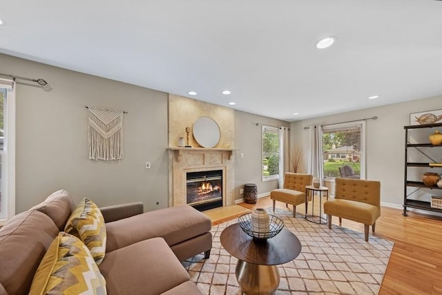 636 N Greenview Ave, Mundelein, IL 60060 - living room featuring light wood finished floors, recessed lighting, and a fireplace with flush hearth