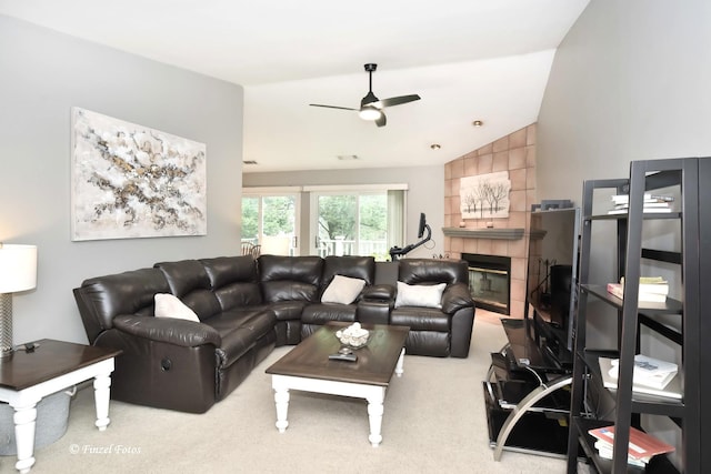 1620 Hadley Ct Unit A2, Wheeling, IL 60090 - carpeted living area with ceiling fan, vaulted ceiling, and a tile fireplace