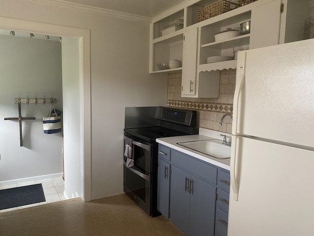 308 S 5th Ave, Streator, IL 61364 - kitchen with freestanding refrigerator, double oven range, decorative backsplash, crown molding, and open shelves