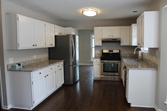 1098 Clover Hill Ln, Elgin, IL 60120 - kitchen with appliances with stainless steel finishes, under cabinet range hood, light stone counters, and white cabinetry