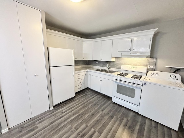 1034 E Tulip Way, Palatine, IL 60074 - kitchen with white appliances, washer / clothes dryer, under cabinet range hood, tasteful backsplash, and dark wood-style flooring