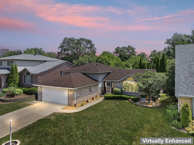 17019 Danielle Ct, Oak Forest, IL 60452 - view of front of house with brick siding, a yard, driveway, and an attached garage