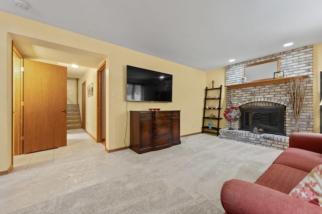 17019 Danielle Ct, Oak Forest, IL 60452 - carpeted living area featuring stairs, a brick fireplace, and recessed lighting