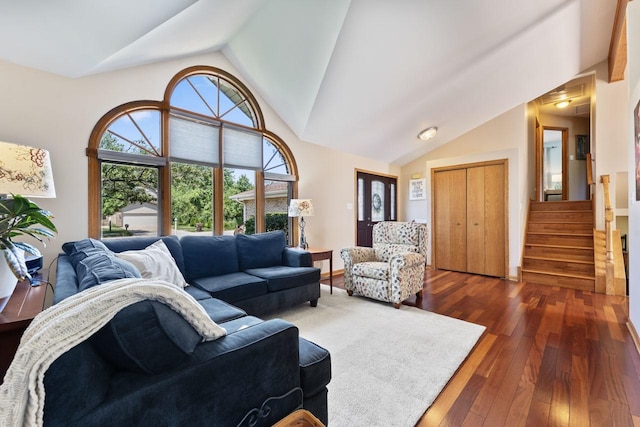 17019 Danielle Ct, Oak Forest, IL 60452 - living area featuring vaulted ceiling, stairway, and dark wood-type flooring