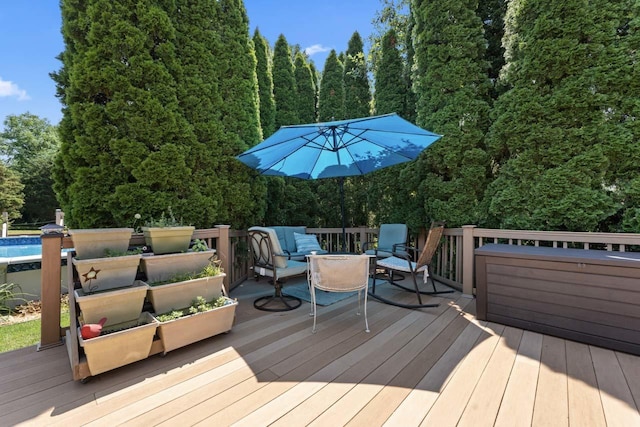 17019 Danielle Ct, Oak Forest, IL 60452 - wooden deck with an outdoor living space, an outdoor pool, and a wooded view