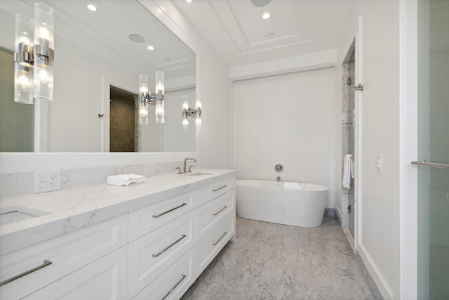 116 N Willard Ct Unit 301, Chicago, IL 60607 - full bath with double vanity, a soaking tub, marble look tile flooring, and recessed lighting