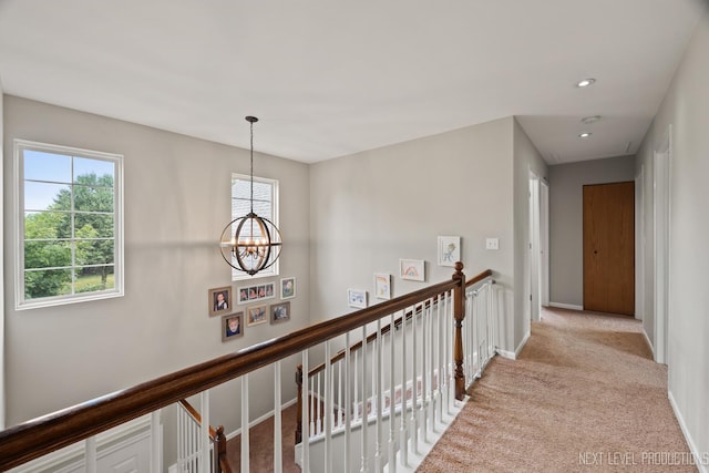 1211 Hall St, Sugar Grove, IL 60554 - hall featuring an upstairs landing, carpet, a chandelier, and recessed lighting