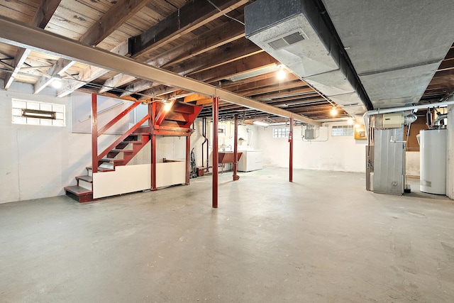 3334 W 114th St, Chicago, IL 60655 - basement with water heater, stairway, heating unit, and independent washer and dryer