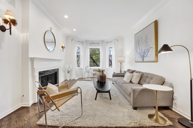 826 S Bell Ave, Chicago, IL 60612 - living area featuring dark wood-type flooring, recessed lighting, a fireplace, and ornamental molding