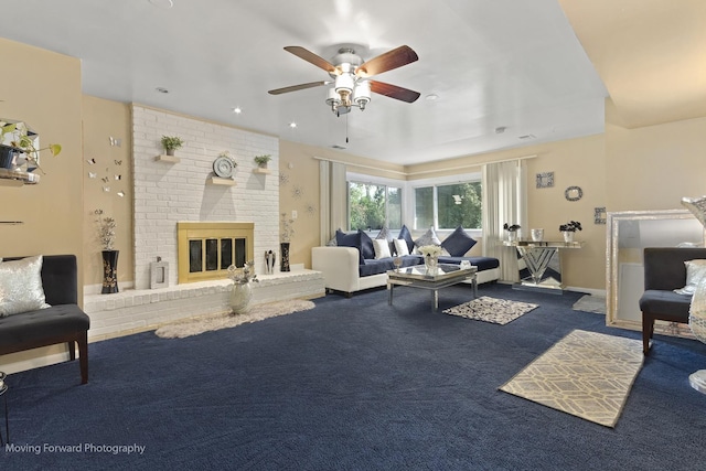 109 Walnut St, Park Forest, IL 60466 - living area featuring a ceiling fan, carpet floors, a fireplace, and recessed lighting