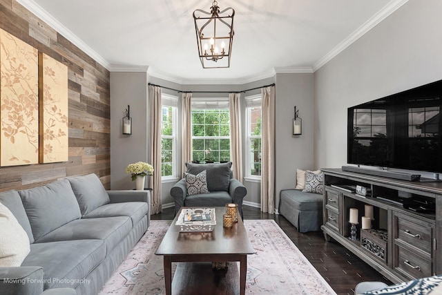 15383 Silver Bell Rd, Orland Park, IL 60462 - living room featuring crown molding, a chandelier, dark wood finished floors, and wooden walls