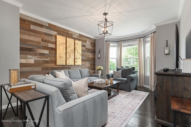 15383 Silver Bell Rd, Orland Park, IL 60462 - living room with wooden walls, ornamental molding, a chandelier, and dark wood-style flooring
