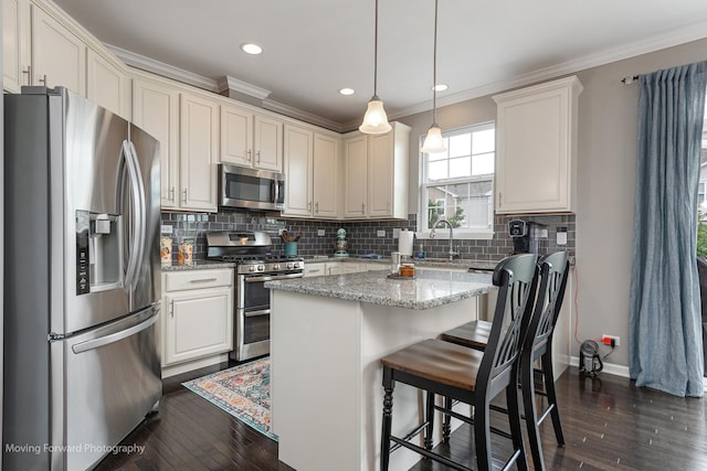 15383 Silver Bell Rd, Orland Park, IL 60462 - kitchen featuring stainless steel appliances, crown molding, light stone countertops, decorative backsplash, and dark wood finished floors