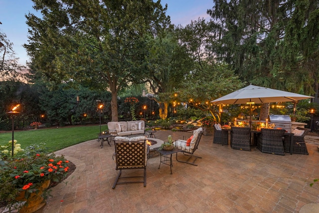 1563 Abbotsford Dr, Naperville, IL 60563 - patio terrace at dusk with outdoor lounge area, a patio area, a yard, and area for grilling
