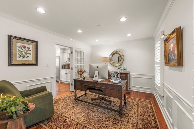 1563 Abbotsford Dr, Naperville, IL 60563 - office with ornamental molding, wood finished floors, a decorative wall, a wainscoted wall, and recessed lighting
