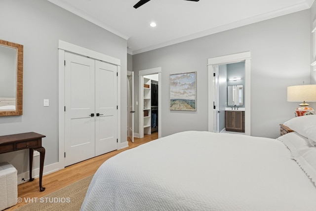 4321 N Paulina St Unit 2N, Chicago, IL 60613 - bedroom with light wood-style floors, recessed lighting, ensuite bathroom, ornamental molding, and a ceiling fan