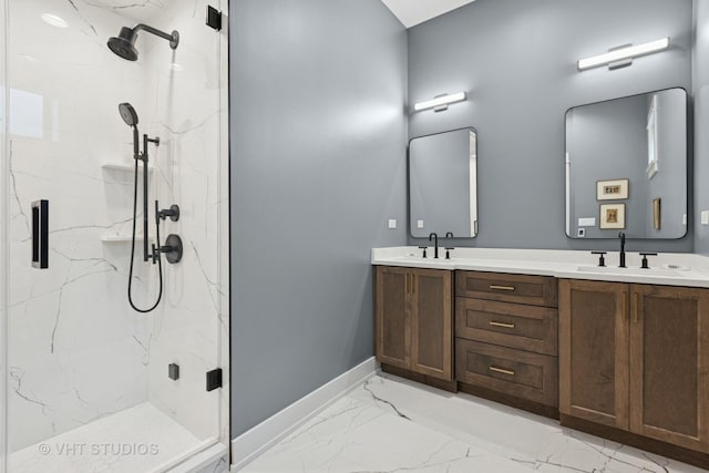 4321 N Paulina St Unit 2N, Chicago, IL 60613 - bathroom featuring marble finish flooring, a marble finish shower, and double vanity
