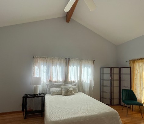 2 Spinnaker Ct, Third Lake, IL 60030 - bedroom with beam ceiling, multiple windows, high vaulted ceiling, a ceiling fan, and wood finished floors