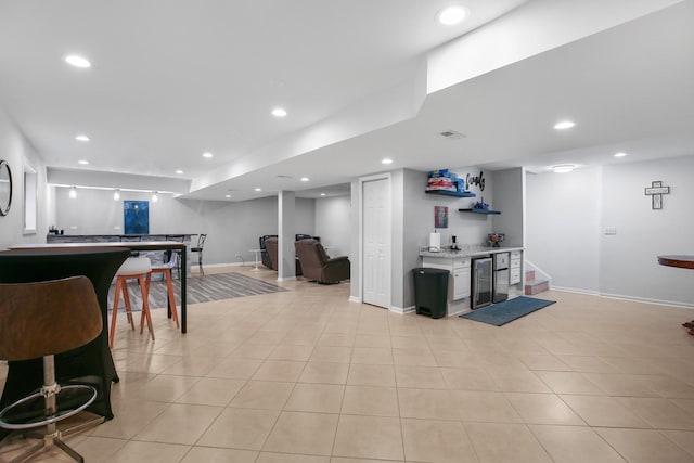 21222 Vivienne Dr, Matteson, IL 60443 - interior space with wine cooler, recessed lighting, and light tile patterned floors
