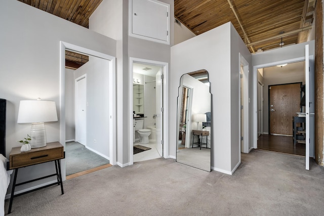 1801 S Michigan Ave Unit 507, Chicago, IL 60616 - bedroom with wooden ceiling, carpet floors, high vaulted ceiling, and ensuite bath