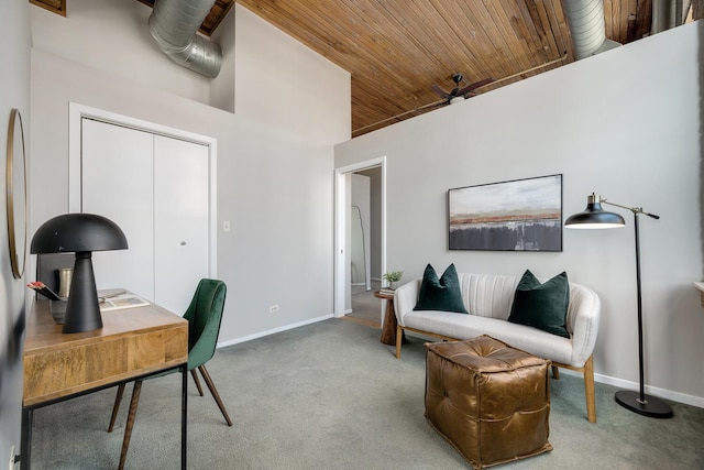 1801 S Michigan Ave Unit 507, Chicago, IL 60616 - office area featuring wood ceiling, a ceiling fan, carpet floors, and high vaulted ceiling