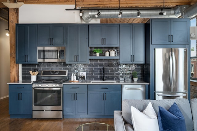 1801 S Michigan Ave Unit 507, Chicago, IL 60616 - kitchen featuring appliances with stainless steel finishes, track lighting, dark wood finished floors, and decorative backsplash