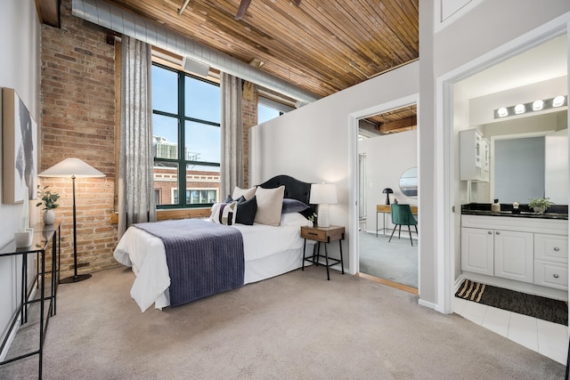 1801 S Michigan Ave Unit 507, Chicago, IL 60616 - bedroom featuring wood ceiling, light colored carpet, and brick wall