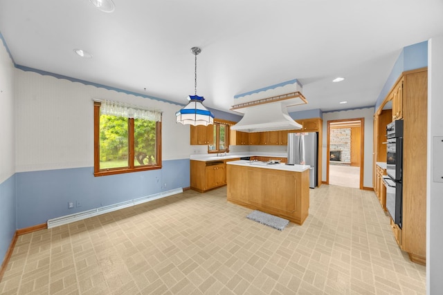 212 Forsythe Ln, Dekalb, IL 60115 - kitchen with freestanding refrigerator, a baseboard heating unit, light countertops, brown cabinetry, and premium range hood